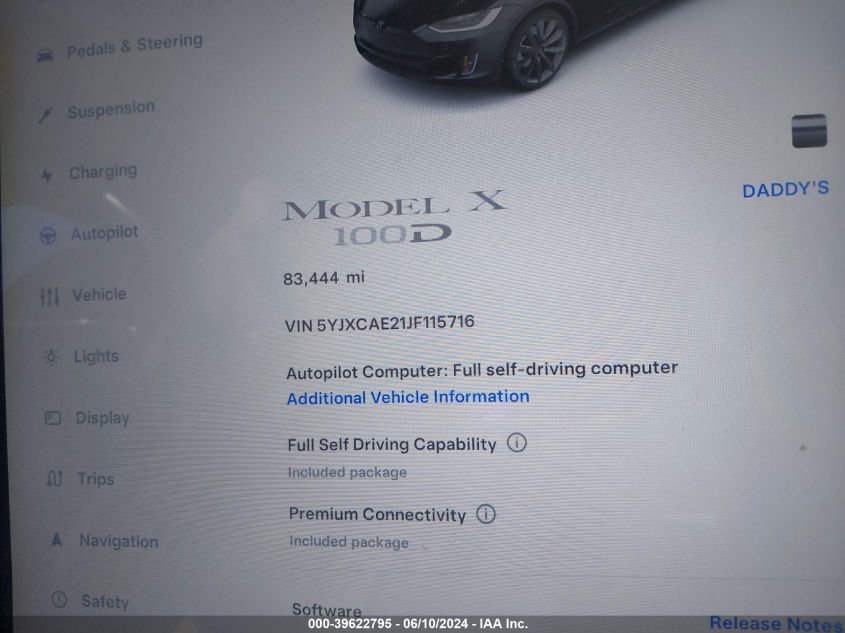 2018 Tesla Model X 100D/75D/P100D VIN: 5YJXCAE21JF115716 Lot: 39622795