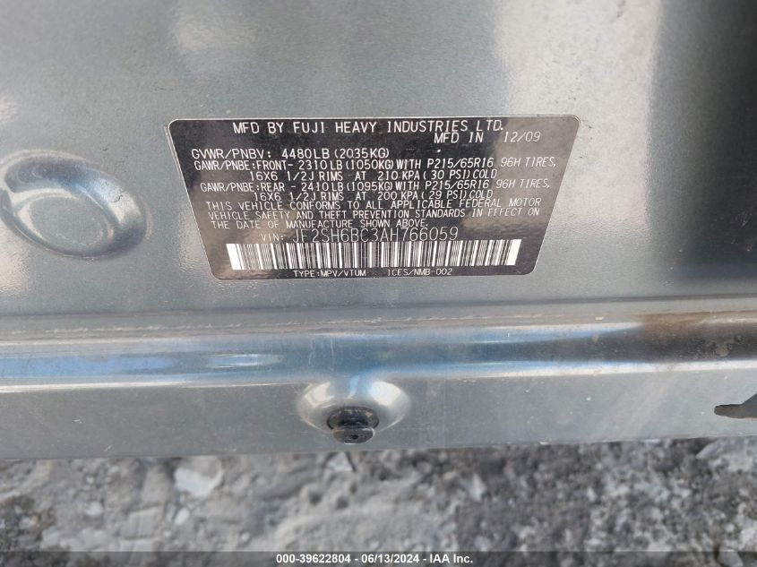 2010 Subaru Forester 2.5X VIN: JF2SH6BC3AH766059 Lot: 39622804