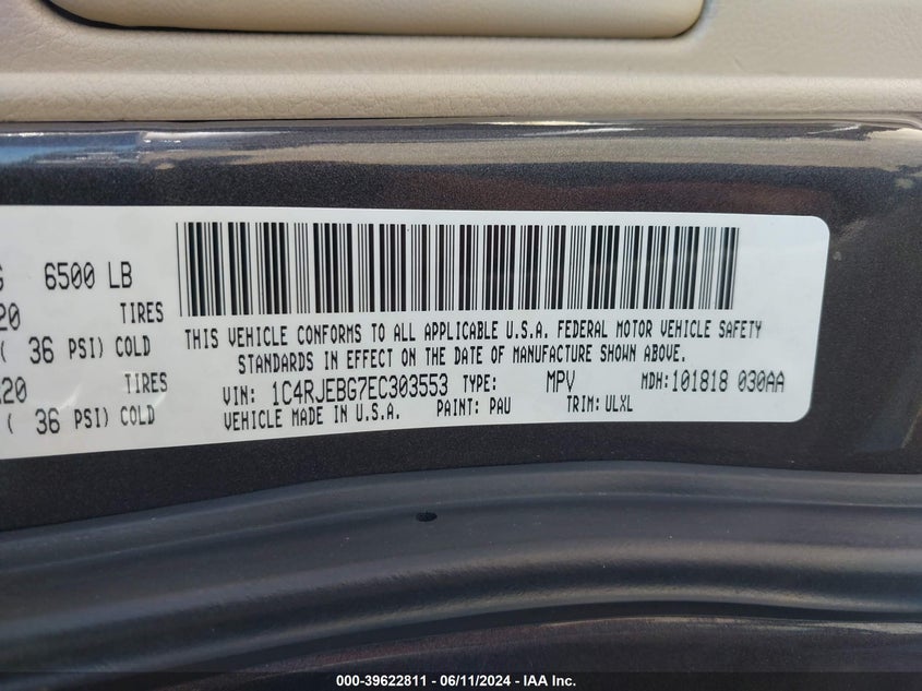 2014 Jeep Grand Cherokee Limited VIN: 1C4RJEBG7EC303553 Lot: 39622811