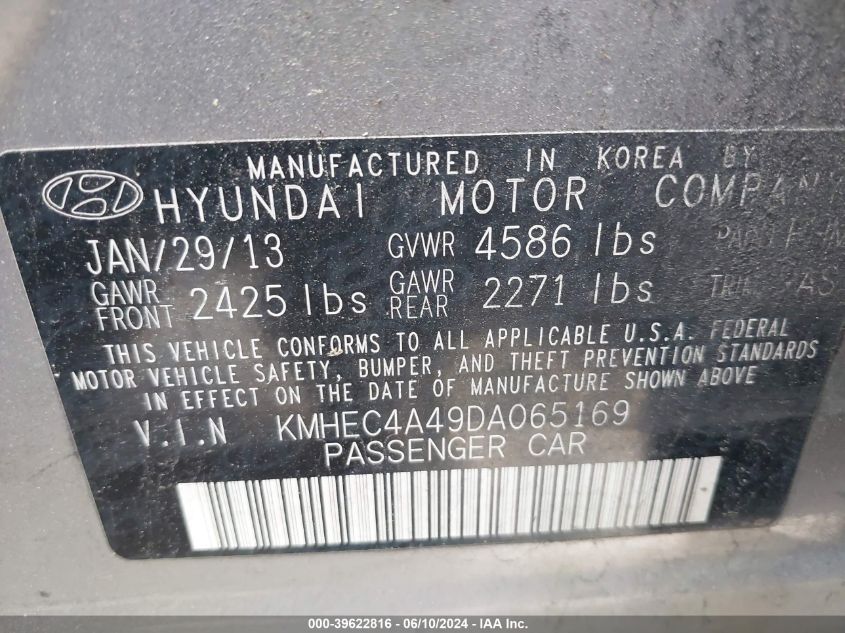 2013 Hyundai Sonata Hybrid VIN: KMHEC4A49DA065169 Lot: 39622816