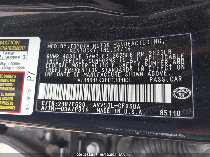 2014 Toyota Camry Hybrid Se Limited Edition VIN: 4T1BD1FK3EU130183 Lot: 39622817