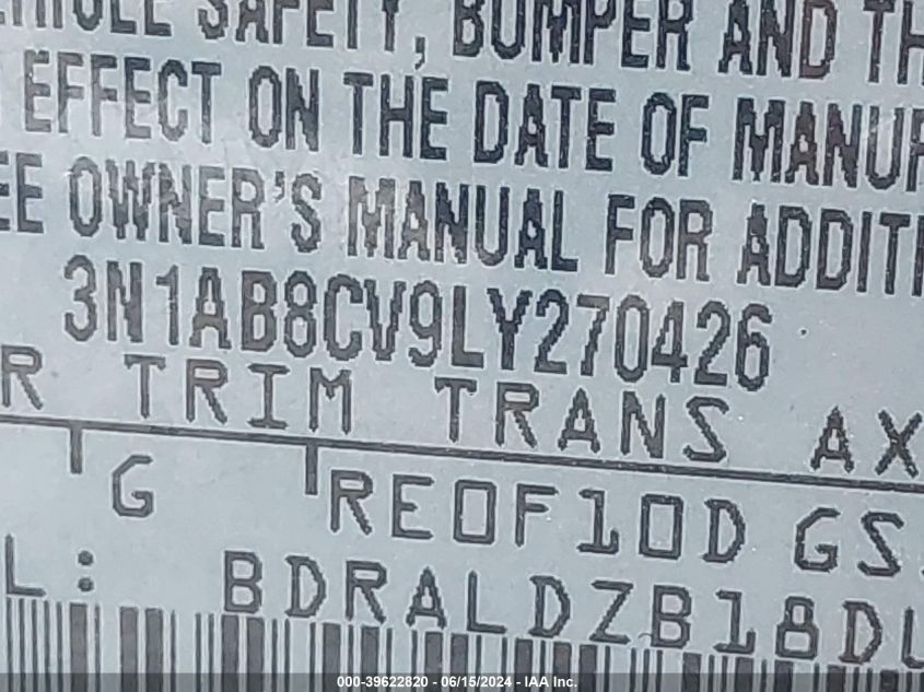 2020 Nissan Sentra Sv Xtronic Cvt VIN: 3N1AB8CV9LY270426 Lot: 39622820