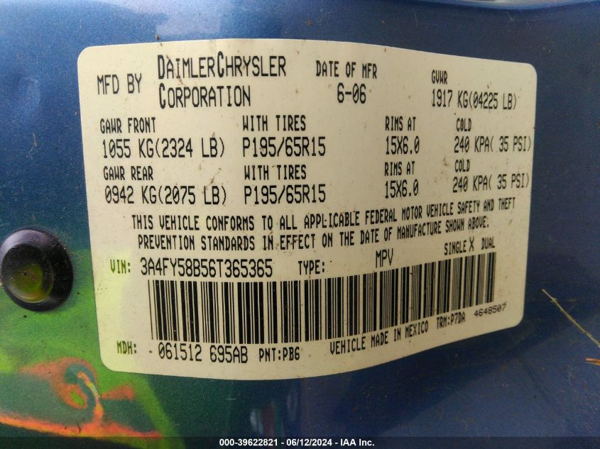 2006 Chrysler Pt Cruiser Touring VIN: 3A4FY58B56T365365 Lot: 39622821