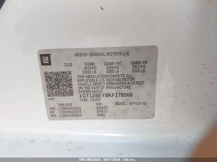 2019 GMC Sierra 2500Hd Denali VIN: 1GT12SEY8KF178568 Lot: 39622825