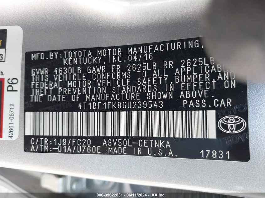 2016 Toyota Camry Le VIN: 4T1BF1FK8GU239543 Lot: 39622831