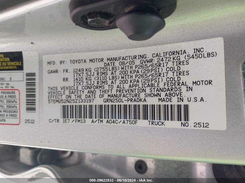 2005 Toyota Tacoma Base V6 VIN: 5TEMU52N25Z133197 Lot: 39622832