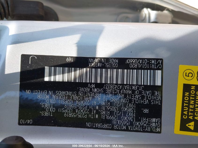 2010 Lexus Rx 350 VIN: JTJBK1BA1A2428337 Lot: 39622854