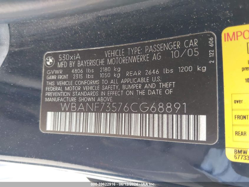 2006 BMW 530Xi VIN: WBANF73576CG68891 Lot: 39622916