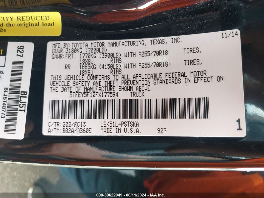 2015 Toyota Tundra Sr5 5.7L V8 VIN: 5TFEY5F10FX177594 Lot: 39622949
