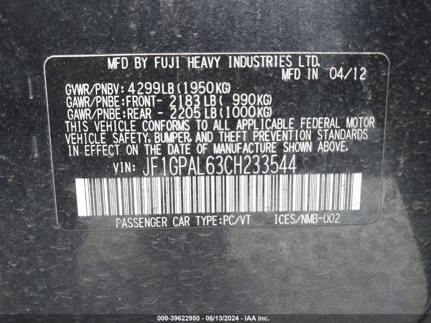 2012 Subaru Impreza 2.0I Sport Premium VIN: JF1GPAL63CH233544 Lot: 39622950