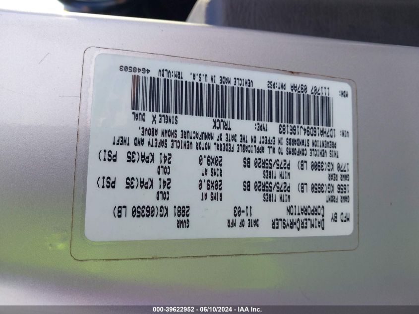 2004 Dodge Ram 1500 Slt/Laramie VIN: 1D7HA16D94J166183 Lot: 39622952