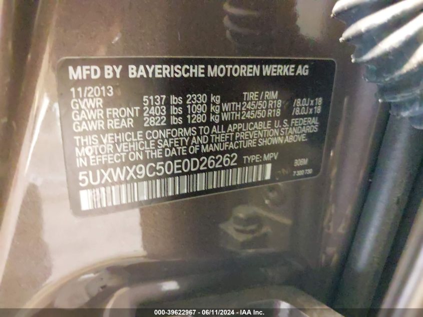 2014 BMW X3 xDrive28I VIN: 5UXWX9C50E0D26262 Lot: 39622967