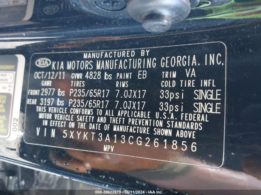 2012 Kia Sorento Lx VIN: 5XYKT3A13CG261856 Lot: 39622970