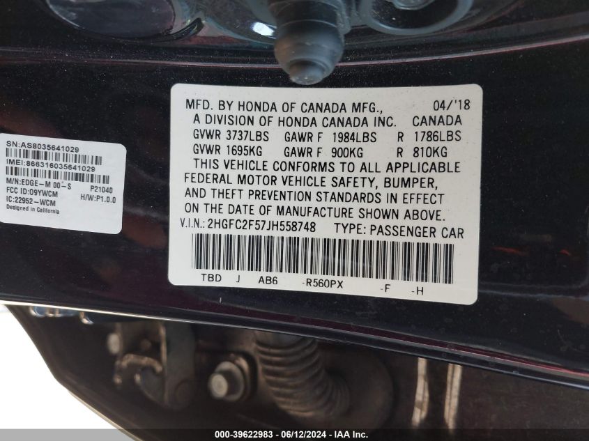 2018 Honda Civic Lx VIN: 2HGFC2F57JH558748 Lot: 39622983