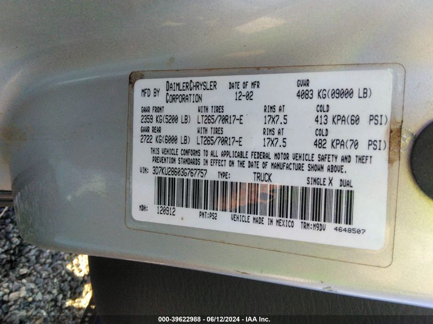 2003 Dodge Ram 2500 Slt/Laramie/St VIN: 3D7KU28603G767757 Lot: 39622988