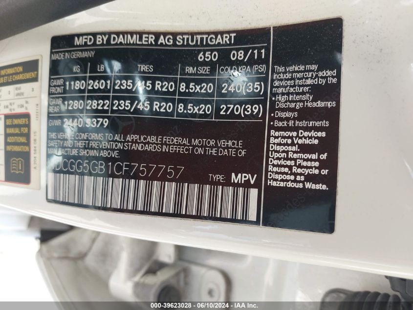2012 Mercedes-Benz Glk 350 VIN: WDCGG5GB1CF757757 Lot: 39623028