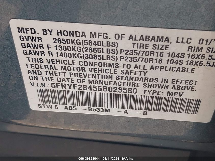 2006 Honda Pilot Ex VIN: 5FNYF28456B023580 Lot: 39623044