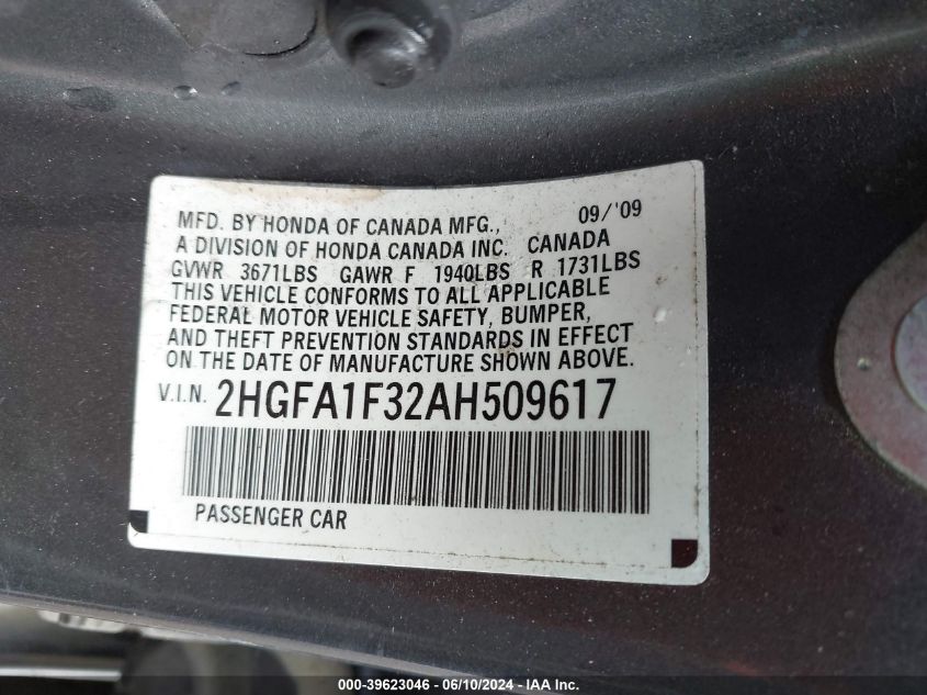 2010 Honda Civic Vp VIN: 2HGFA1F32AH509617 Lot: 39623046