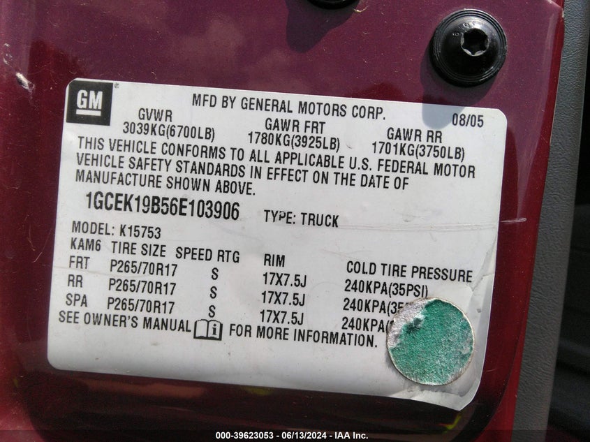 2006 Chevrolet Silverado 1500 Lt2 VIN: 1GCEK19B56E103906 Lot: 39623053