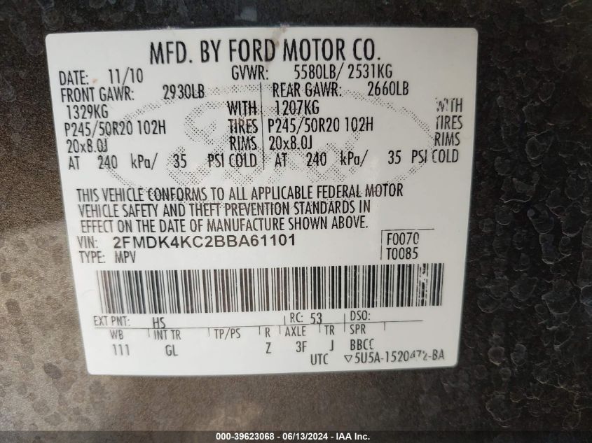 2011 Ford Edge Limited VIN: 2FMDK4KC2BBA61101 Lot: 39623068