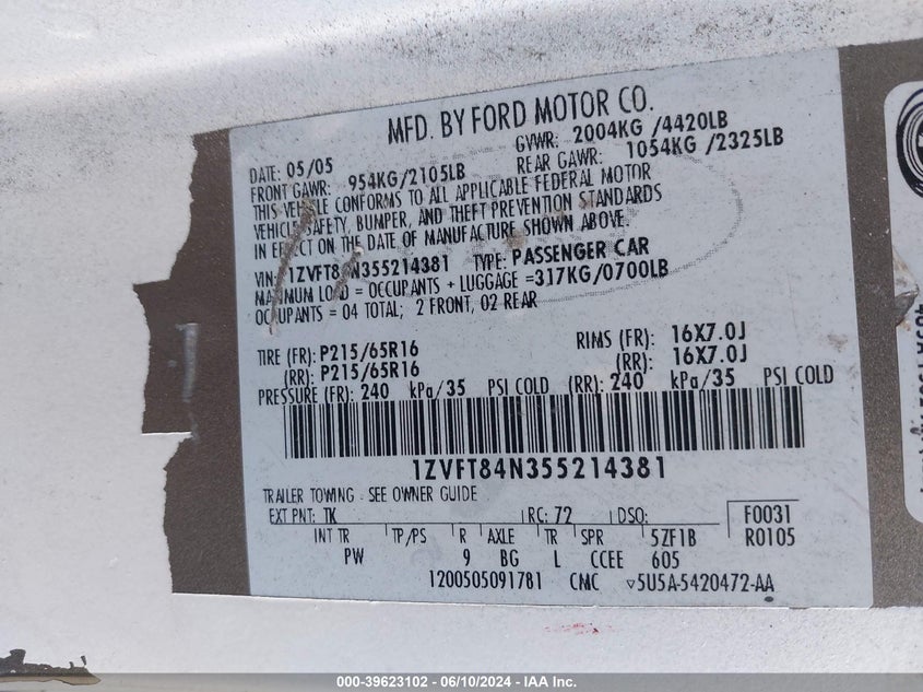 2005 Ford Mustang VIN: 1ZVFT84N355214381 Lot: 39623102