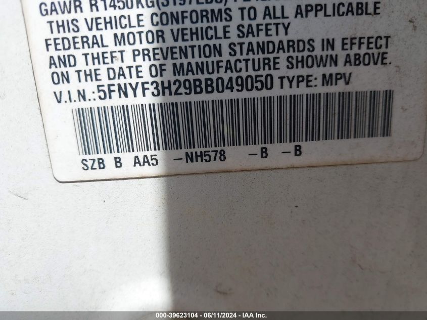 2011 Honda Pilot Lx VIN: 5FNYF3H29BB049050 Lot: 39623104