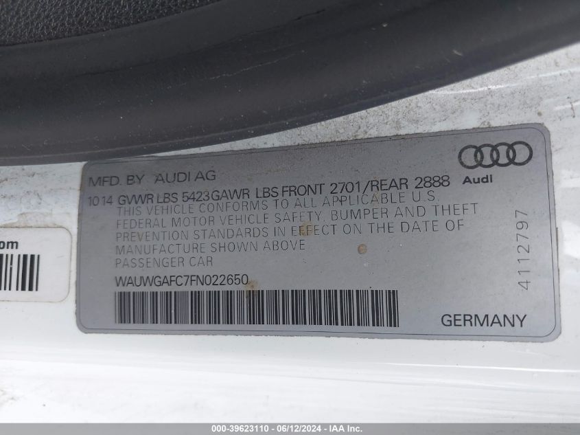 2015 Audi A7 3.0T Premium Plus VIN: WAUWGAFC7FN022650 Lot: 39623110