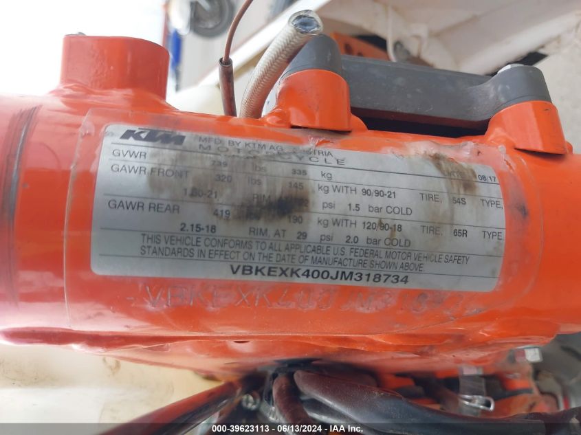 2018 Ktm 450 Exc-F Six Days VIN: VBKEXK400JM318734 Lot: 39623113