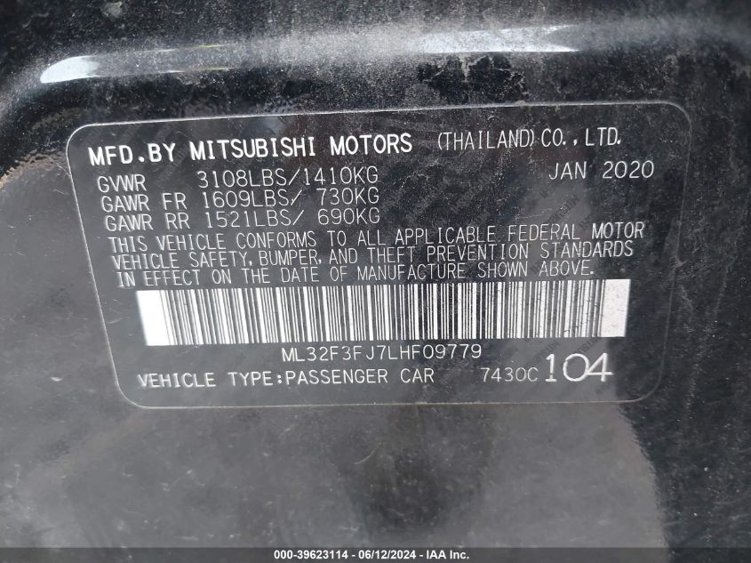 2020 Mitsubishi Mirage G4 Es VIN: ML32F3FJ7LHF09779 Lot: 39623114