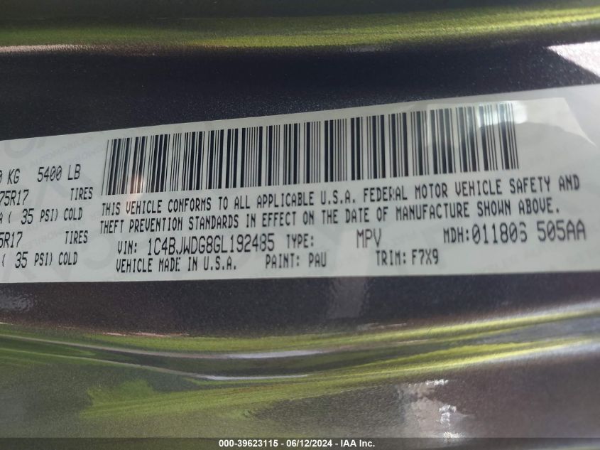 2016 Jeep Wrangler Unlimited Freedom VIN: 1C4BJWDG8GL192485 Lot: 39623115