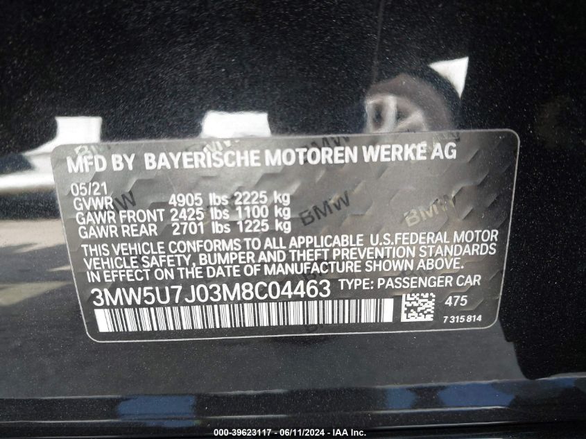 2021 BMW 3 Series M340I VIN: 3MW5U7J03M8C04463 Lot: 39623117