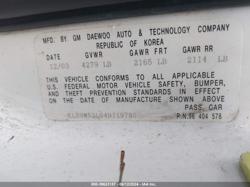 2004 Suzuki Verona Ex VIN: KL5VM52L04B119780 Lot: 39623157