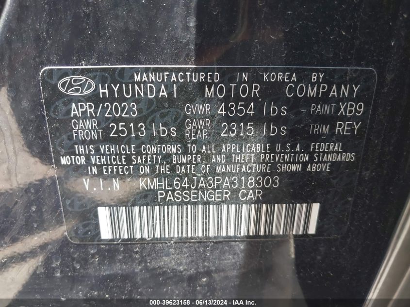 2023 Hyundai Sonata Sel VIN: KMHL64JA3PA318303 Lot: 39623158