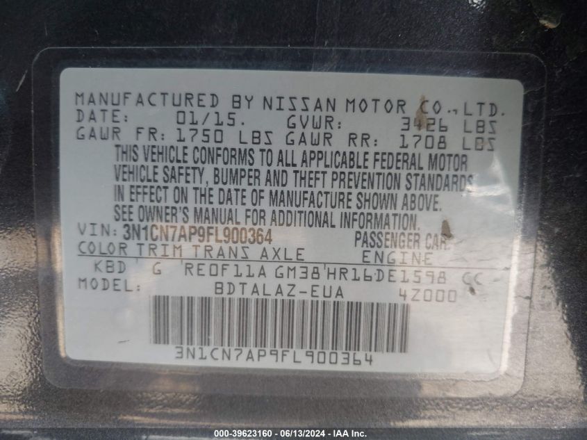 2015 Nissan Versa 1.6 S+ VIN: 3N1CN7AP9FL900364 Lot: 39623160