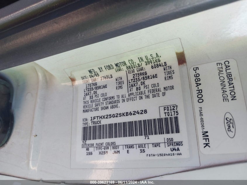 1995 Ford F250 VIN: 1FTHX25G2SKB62428 Lot: 39623169