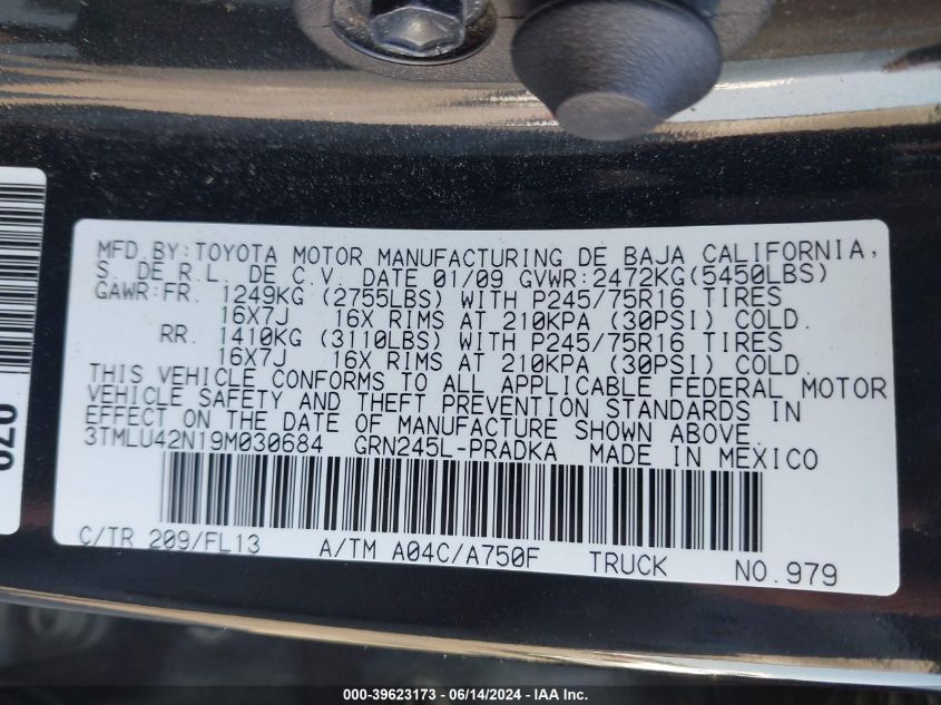 2009 Toyota Tacoma Base V6 VIN: 3TMLU42N19M030684 Lot: 39623173