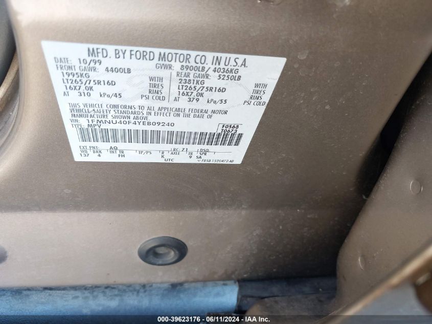 2000 Ford Excursion Xlt VIN: 1FMNU40F4YEB09240 Lot: 39623176