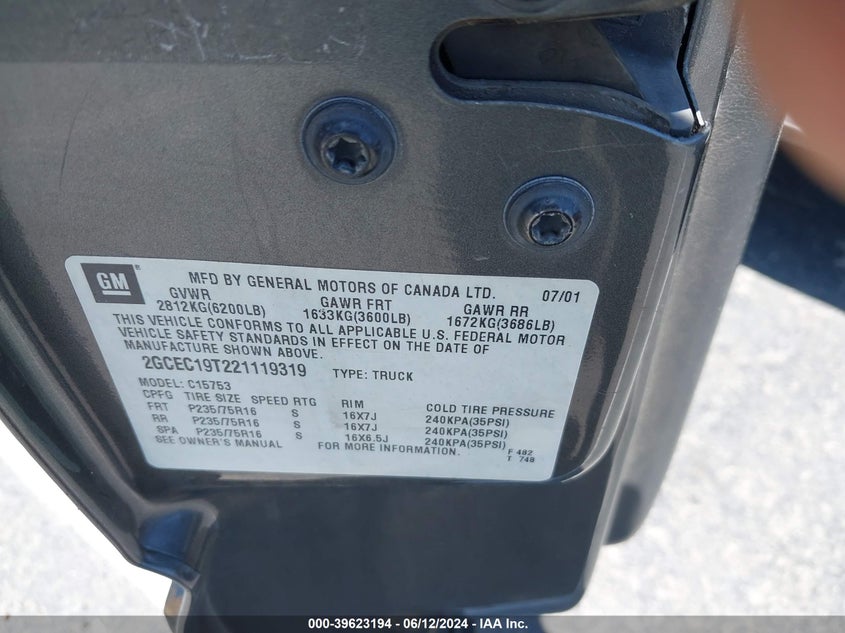 2002 Chevrolet Silverado 1500 Ls VIN: 2GCEC19T221119319 Lot: 39623194