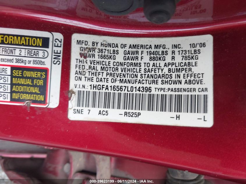 2007 Honda Civic Lx VIN: 1HGFA16567L014396 Lot: 39623199