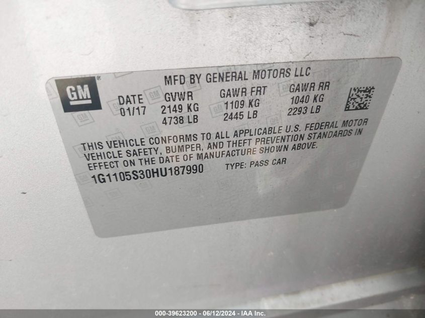 2017 Chevrolet Impala 1Lt VIN: 1G1105S30HU187990 Lot: 39623200