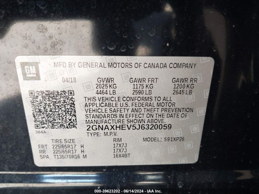 2018 Chevrolet Equinox Ls VIN: 2GNAXHEV5J6320059 Lot: 39623202