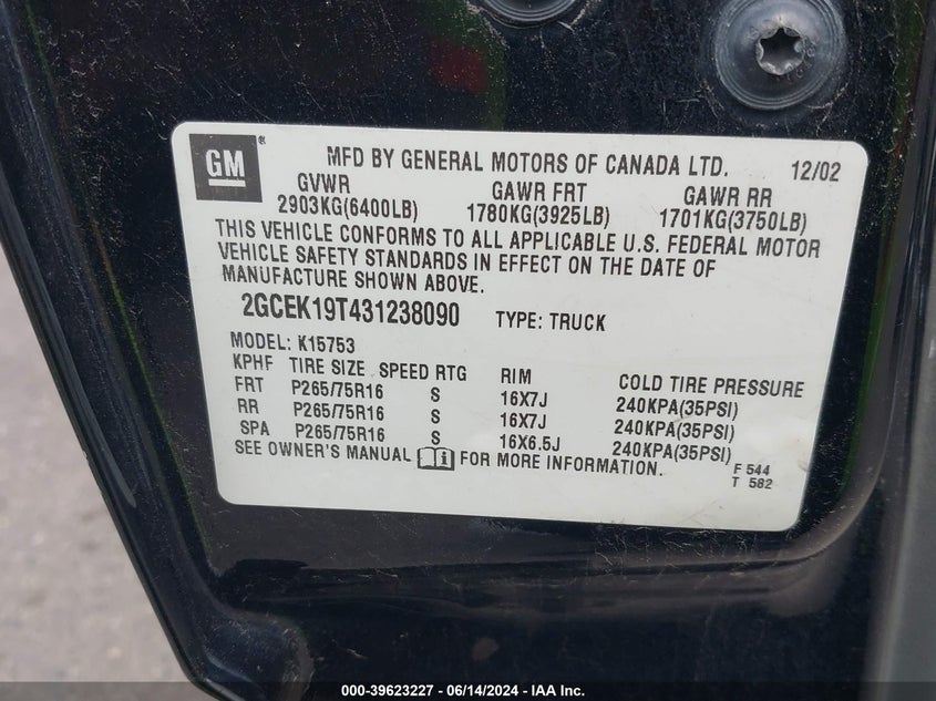 2003 Chevrolet Silverado 1500 Ls VIN: 2GCEK19T431238090 Lot: 39623227