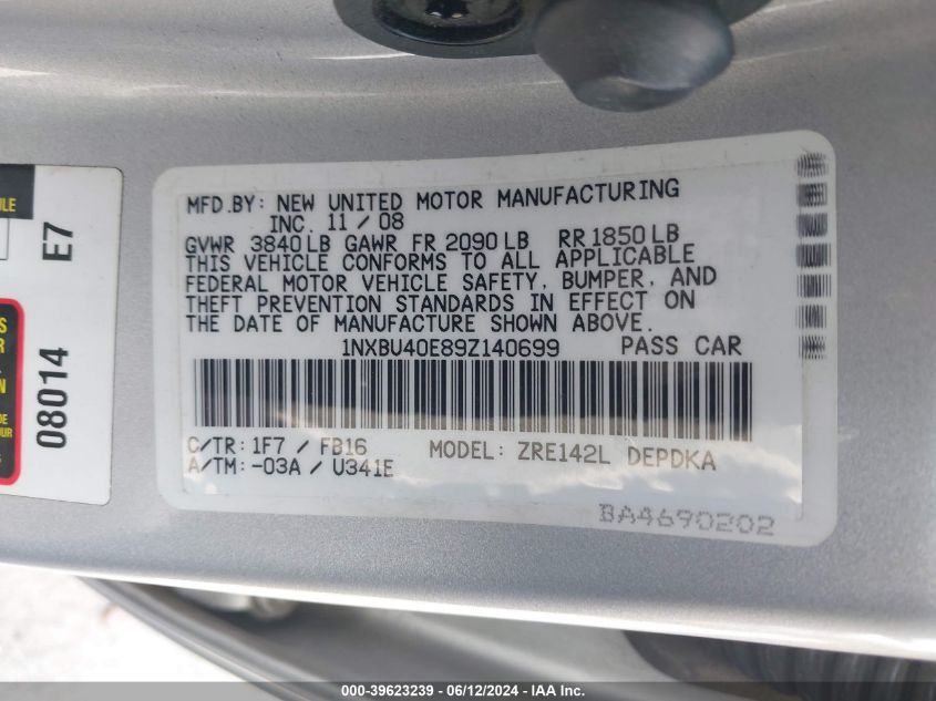 2009 Toyota Corolla Le VIN: 1NXBU40E89Z140699 Lot: 39623239