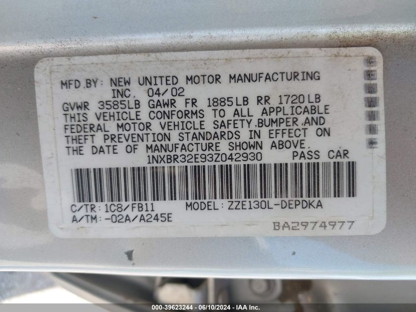 2003 Toyota Corolla Ce VIN: 1NXBR32E93Z042930 Lot: 39623244