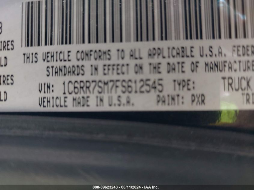 2015 Ram 1500 Tradesman VIN: 1C6RR7SM7FS612545 Lot: 39623243