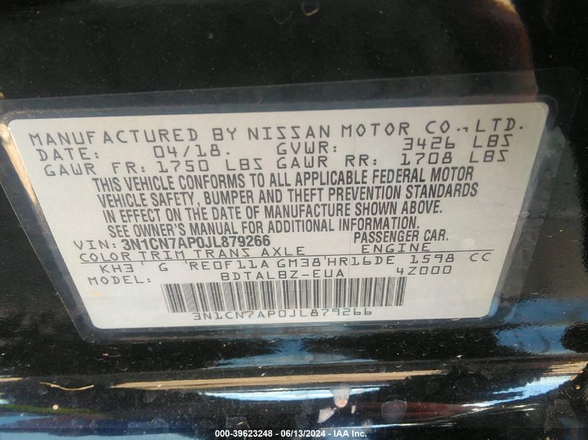 2018 Nissan Versa 1.6 Sv VIN: 3N1CN7AP0JL879266 Lot: 39623248