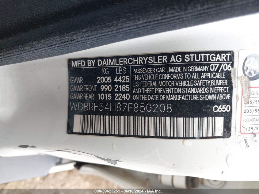 2007 Mercedes-Benz C 280 Luxury VIN: WDBRF54H87F850208 Lot: 39623251