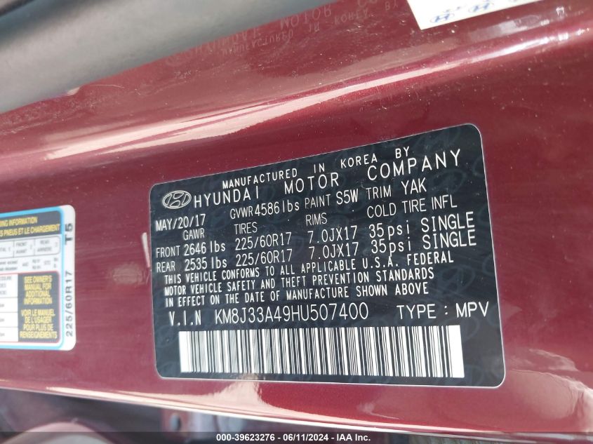 2017 Hyundai Tucson Se VIN: KM8J33A49HU507400 Lot: 39623276