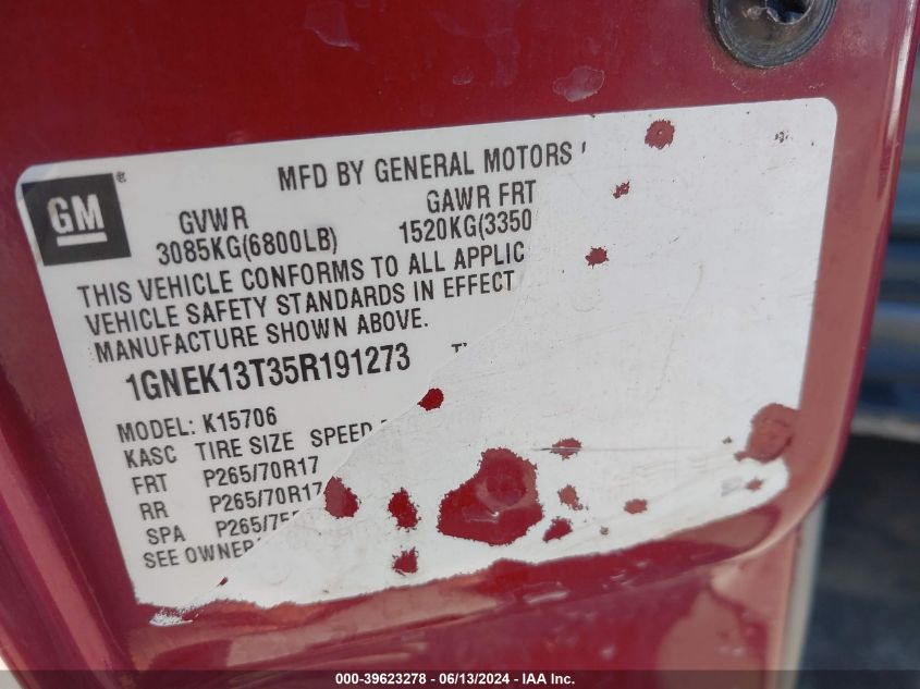 2005 Chevrolet Tahoe Z71 VIN: 1GNEK13T35R191273 Lot: 39623278
