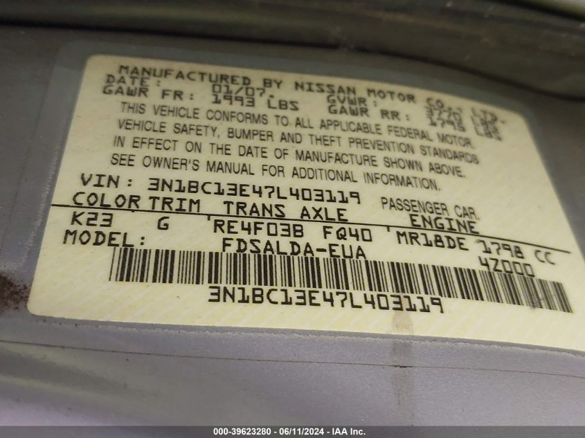 2007 Nissan Versa 1.8S VIN: 3N1BC13E47L403119 Lot: 39623280